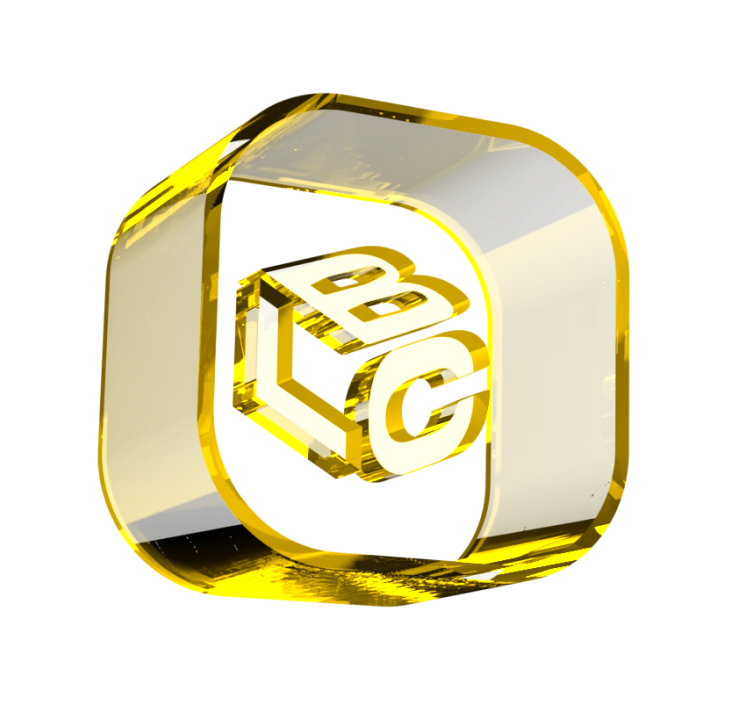 Logo 3D dourado com as letras L, B e C em destaque, representando o LCbank.
